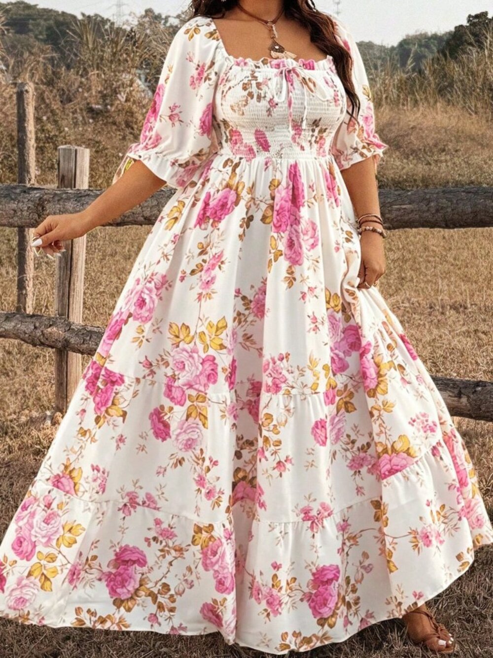 Multicolor Boho Women's Plus Size Floral short sleeve maxi Dress - Picture 1 of 7